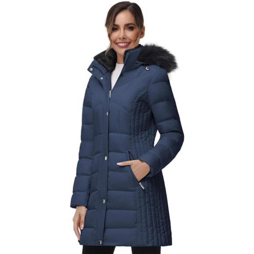 SLOW DOWN Women Winter Down Puffer Coat Warm Hooded Mid-Length Down Jacket for